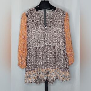 Cato Floral Boho Blouse - Orange and Brown With Cream Undershirt Size XL